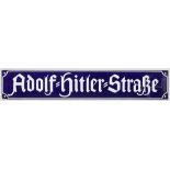 Emailleschild "Adolf=Hitler=Straße" Emaille weiß-blau, vier Befestigungslöcher, unbezeichnet. Maße