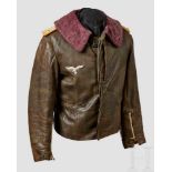 A Leather Jacket for Fighter Pilots Brown leather jacket with bluish purple fur collar. Front