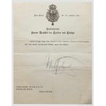 Prinz Alfons von Bayern - Dankschreiben Kaiser Wilhelms II. 1930 Gedruckter Briefkopf "