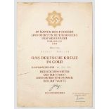 Große Urkunde zum Deutschen Kreuz in Gold des Ritterkreuzträgers Ofw. Konrad Pöllath