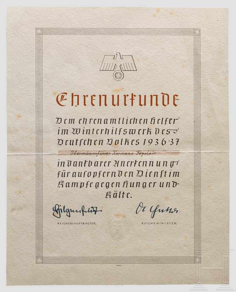 WHW-Ehrenurkunde, ausgestellt auf Sturmbannführer Hermann Fegelein Ehrenurkunde "Dem