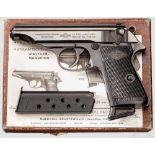 Walther-Manurhin PP, im Karton Kal. 7,65 mm, Nr. 17605. Blanker Lauf. Achtschüssig. Gültiger