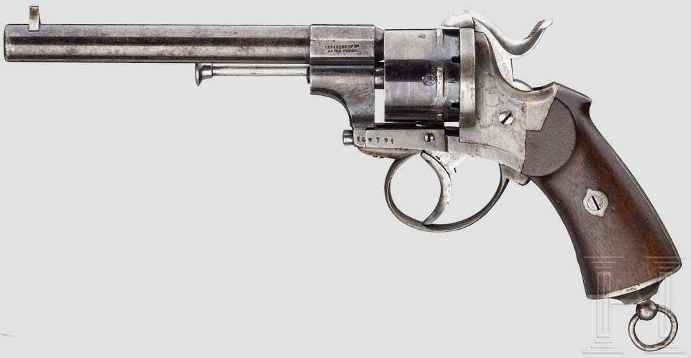 Revolver Lefaucheux für Offiziere, um 1866 Kal. 9 mm SF, Nr. 149791. Vierfach gezogener Lauf mit