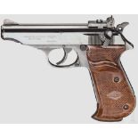 Walther-Manurhin Mod. Sport Kal. .22 l.r., Nr. 61283L. Blanker Lauf, Länge 95 mm. Achtschüssig.