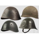 Vier Helme, 20. Jhdt. Ein niederländischer Stahlhelm M 34 mit olivgrün lackierter Glocke,