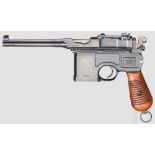 Mauser C 96 Mod. 1930, mit Kasten Kal. 7,63 mm, Nr. 869212. Nummerngleich. Blanker Lauf, Länge 140