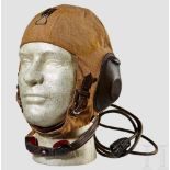 A "LKpS101" Summer Flight Helmet Five panel, brown linen fabric, leather covered earphone mounts