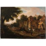 Reisende vor der Stadt, Umkreis Peeter Bout (1658-1719) Öl auf Eichenholz, die Platte leicht