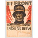 Plakat "Die Front spricht zur Heimat" Farbdruck mit Darstellung eines Soldatenkopfes über