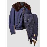 A Two Piece Winter Flight Suit Two part blue-grey winter flight suit of matching fur lined jacket