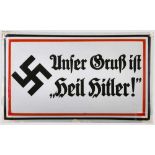 Emailleschild Schild "Unser Gruß ist Heil Hitler!" mit Hakenkreuz. Emaille mehrfarbig, vier