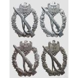 Vier Infanterie-Sturmabzeichen in Silber Ungemarkte Abzeichen, Typ bzw. Hersteller "R. Karneth,