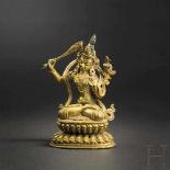 Manjushri Bodhisattva, Tibet, 18. Jhdt. Fein gravierte und ziselierte Bronze mit Feuervergoldung.