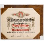 Adolf Hitler - Ehrenbürgerbrief der Marktgemeinde Kornburg in Franken Leineneinband mit Golddruck "