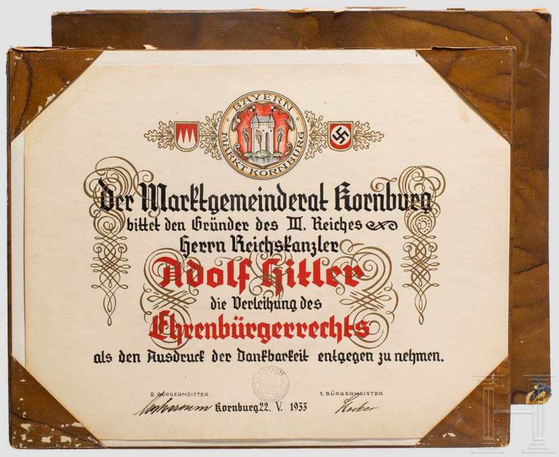 Adolf Hitler - Ehrenbürgerbrief der Marktgemeinde Kornburg in Franken Leineneinband mit Golddruck "