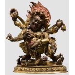 Dharmapala Mahakala, Tibet, 17./18. Jhdt. Feuervergoldete Bronze mit partieller (ritueller)