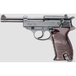 Mauser P 38, Code "byf - 43", erste Ausführung Kal. 9 mm Luger, Nr. 744p. Nummerngleich. Blanker