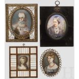 Vier Miniatur-Portraits, 19./20. Jhdt. Jeweils auf Elfenbein gemalte Damenportraits unter Glas.