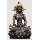 Bronzefigur des Amithayus, Nepal, 19. Jhdt. Hohl, aus Bronze gegossen und schwarz patiniert, mit