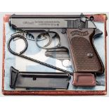 Walther PPK, Ulm, im Karton Kal. .22 l.r., Nr. 105546LR. Blanker Lauf. Siebenschüssig. Beschuss