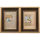 Zwei Miniaturmalereien, Persien/Indien, 18./19. Jhdt. Höfische Szenen und Bauten, eingerahmt von