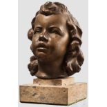 Mädchen-Portraitbüste Bronze-Hohlguss, patiniert. Anmutiger, vollplastischer Kopf eines etwa