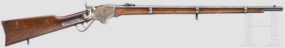 Spencer Repeating Rifle Model 1860 Kal. .52RF, Nr. 10340. Gezogener, brünierter Lauf mit blanker
