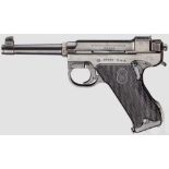 Husqvarna Mod. 40, mit Brett und Tasche Kal. 9 mm Luger, Nr. D 7803. Nummerngleich. Blanker Lauf,