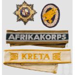 Nachlass eines Fallschirmjägers Ärmelband "Kreta", weiß mit goldgelber Stickerei und rs. RB.-Nr.-