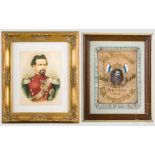 König Ludwig II. - zwei Erinnerungsbilder, 20. Jhdt. Bekröntes Schwarzweiß-Portraitfoto, umgeben von