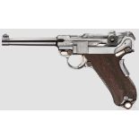 Parabellum Mod. 1900/06, erste Ausführung Kal. 7,65 mm Luger, Nr. 7036. Nummerngleich. Blanker Lauf,