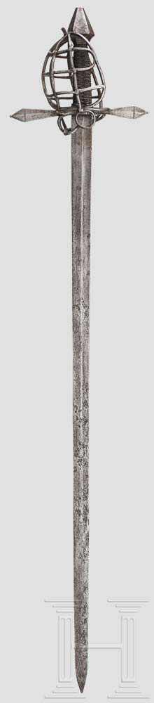 Korbschwert, süddeutsch, um 1580 Kräftige Rückenklinge mit zweischneidiger Spitze und beidseitiger