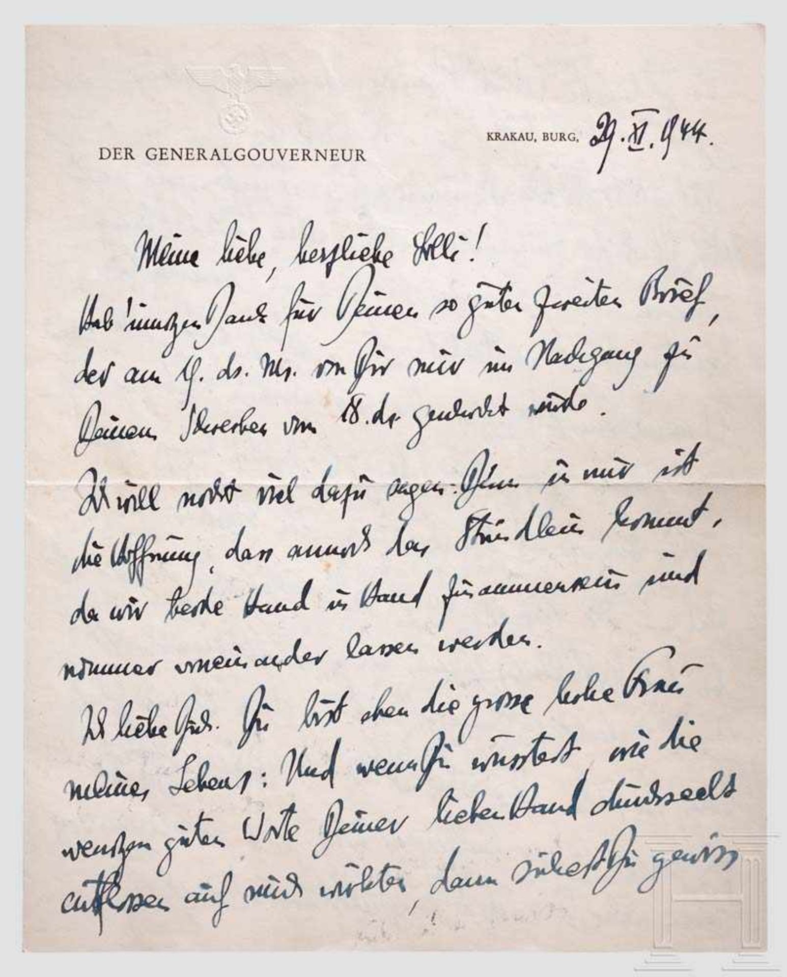Hans Frank - Brief und Postkarte an seine Geliebte Lilli Groh 1944 bzw. undatiert Doppelbogen mit - Bild 2 aus 2