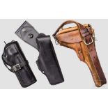 Pistolenholster Schweiz/USA Für Revolver SAA, mit Colt-Schriftzug, schwarzes Leder mit Beinriemen,