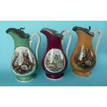 Two baluster shaped jugs with hinged pewter lids: Shells (52B) 231mm and another: Bacchanalians ((