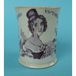 1837/38 Victoria: a small Swansea pottery mug printed in purple with a named portrait, 73mm (