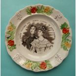 1840 Wedding: a pottery nursery plate printed in brown with named portraits within a colourful
