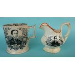 1863 Wedding: a cylindrical pottery mug printed in black with portraits, chipped and a cream jug