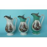 A green ground baluster shaped jug with hinged pewter lid, 203mm and two others similar each with
