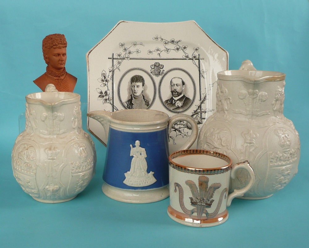 Prince and Princess of Wales: Three jugs for 1863 wedding, a dated lustre decorated mug, cracked,