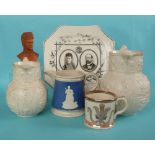 Prince and Princess of Wales: Three jugs for 1863 wedding, a dated lustre decorated mug, cracked,