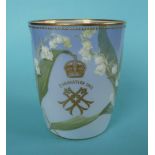 1902 Coronation: a rare Doulton Burslem curved sided porcelain beaker painted with lilies on a sky