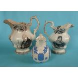 1831 Coronation: a lobed pottery jug printed in black, 171mm chipped, another larger, stained and
