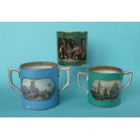 A green ground loving cup, 101mm high, another blue and a malachite mug, hairline crack (3) (