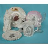 Victoria: a mug and a plate for 1901, two undated jubilee side plates, two small parian busts on