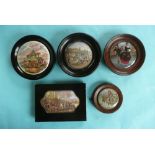 Five pot lids each defective and framed (5) (prattware, pot lid, potlid)