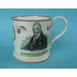 1831 Coronation: a good pink lustre banded pearlware mug printed in black and enamelled in green and
