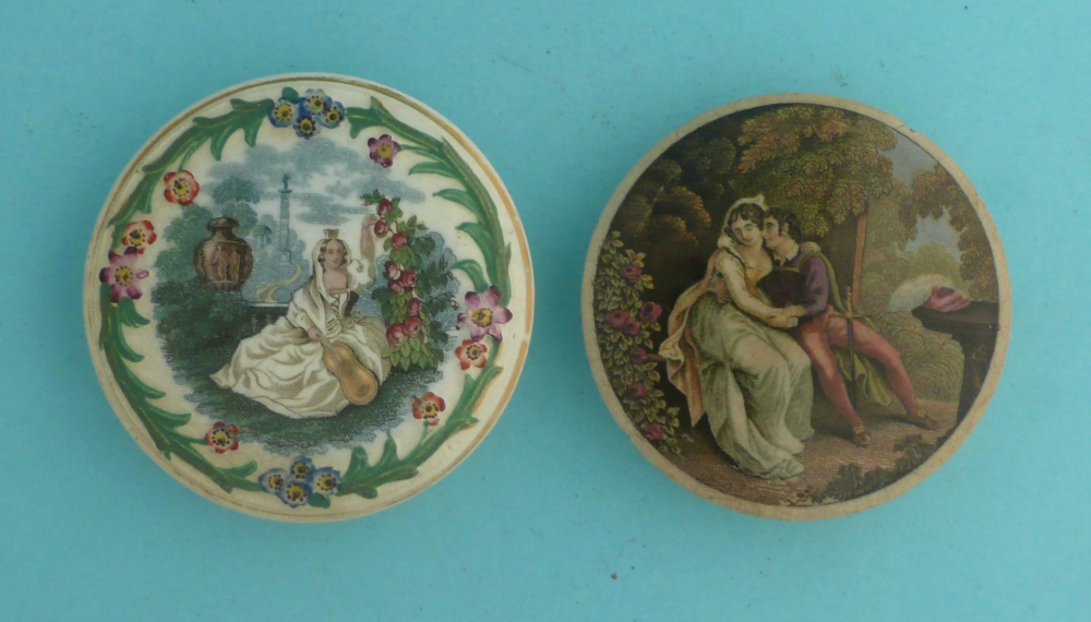 Lady with Guitar (107) and The Lovers (119) small rim chip (2) (prattware, pot lid, potlid)