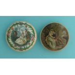 Lady with Guitar (107) and The Lovers (119) small rim chip (2) (prattware, pot lid, potlid)