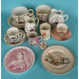 1887 Jubilee: an oversized cup and saucer decorated in colours, a Minton pink printed teapot